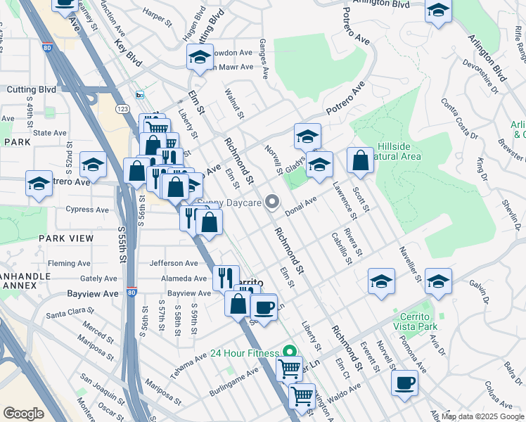 map of restaurants, bars, coffee shops, grocery stores, and more near Richmond Street in El Cerrito