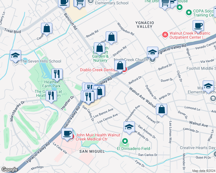 map of restaurants, bars, coffee shops, grocery stores, and more near 1942 Desert Circle in Walnut Creek