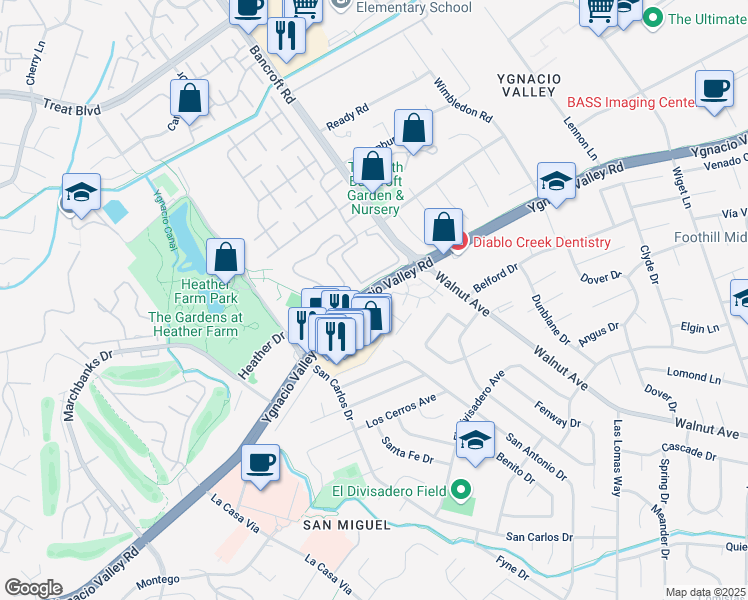 map of restaurants, bars, coffee shops, grocery stores, and more near 216 Park Lake Circle in Walnut Creek