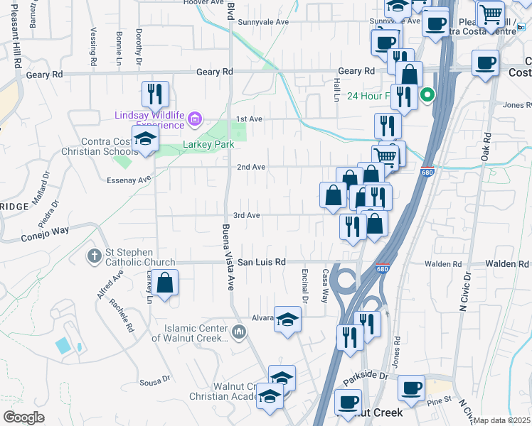 map of restaurants, bars, coffee shops, grocery stores, and more near 741 Pagosa Court in Walnut Creek