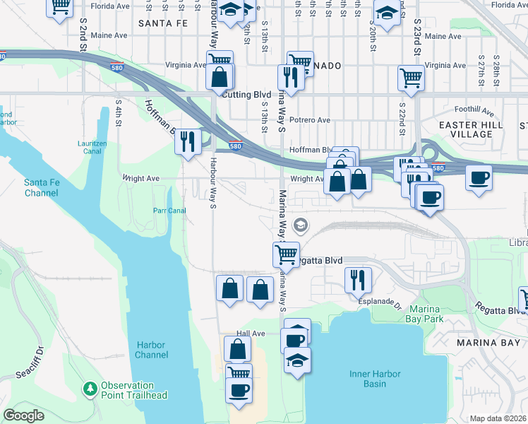 map of restaurants, bars, coffee shops, grocery stores, and more near 1200 Wright Avenue in Richmond