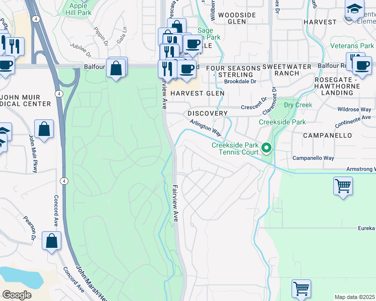 map of restaurants, bars, coffee shops, grocery stores, and more near 364 Saint Claire Terrace in Brentwood