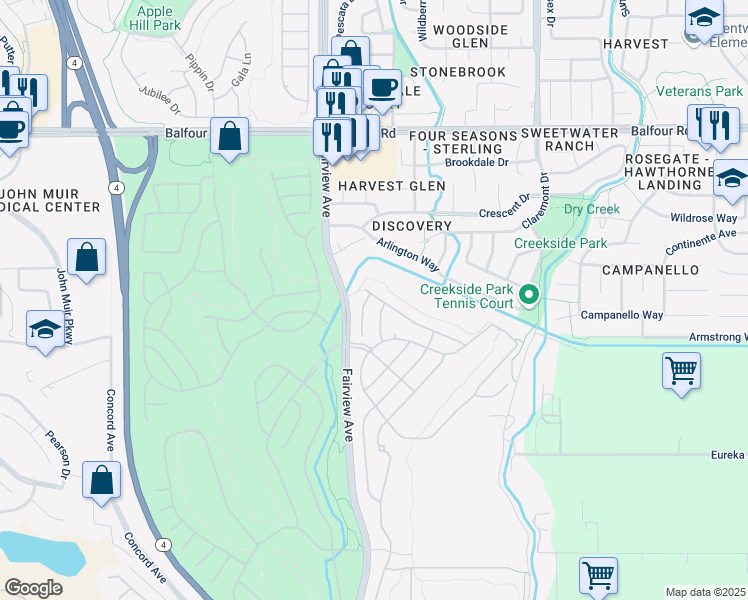 map of restaurants, bars, coffee shops, grocery stores, and more near 364 Saint Claire Terrace in Brentwood