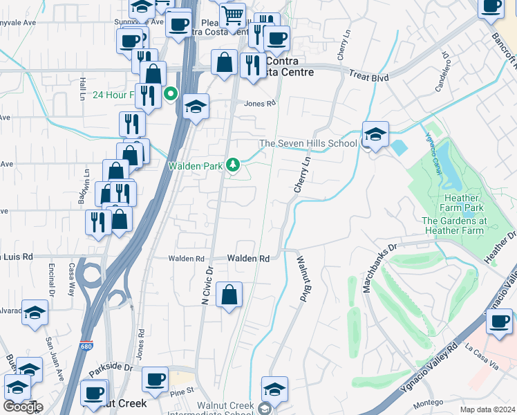 map of restaurants, bars, coffee shops, grocery stores, and more near 2586 Oak Road in Walnut Creek