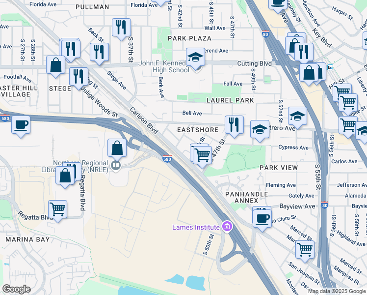 map of restaurants, bars, coffee shops, grocery stores, and more near 922 Carlson Boulevard in Richmond