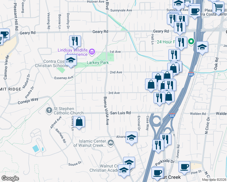 map of restaurants, bars, coffee shops, grocery stores, and more near 2663 Sandpiper Court in Walnut Creek