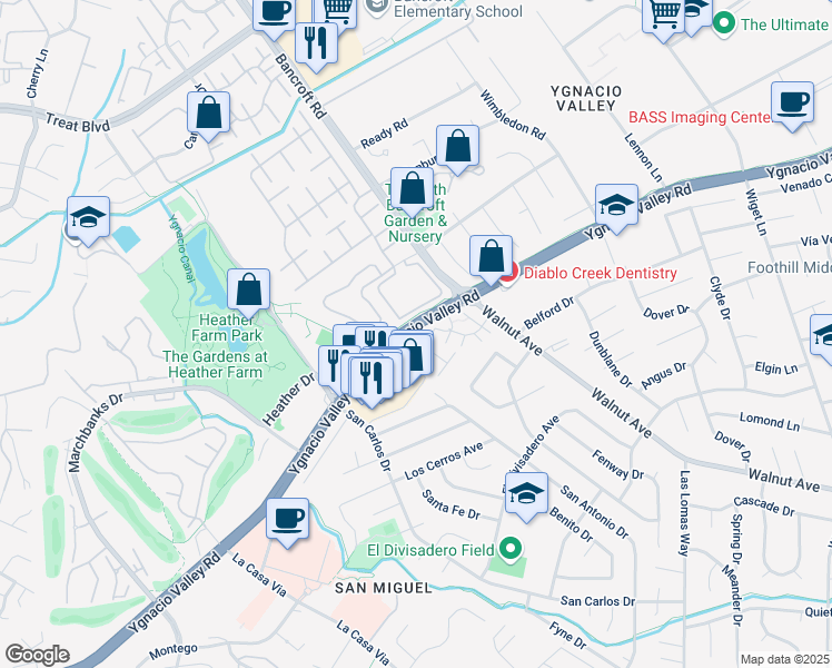 map of restaurants, bars, coffee shops, grocery stores, and more near 1919 Ygnacio Valley Road in Walnut Creek
