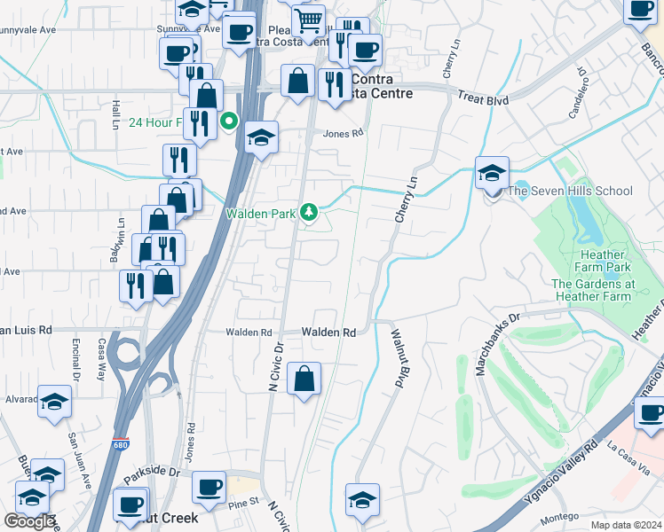 map of restaurants, bars, coffee shops, grocery stores, and more near 252 Ashford Court in Walnut Creek
