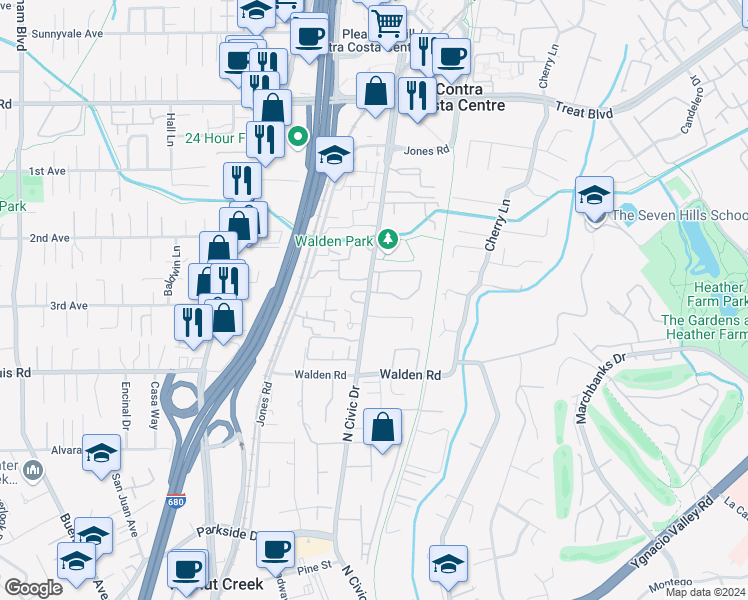 map of restaurants, bars, coffee shops, grocery stores, and more near 190 Ashford Court in Walnut Creek