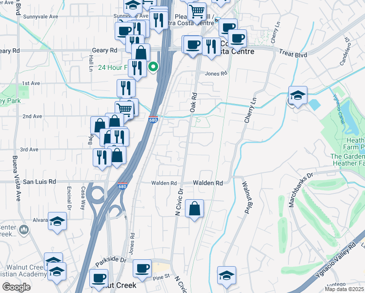 map of restaurants, bars, coffee shops, grocery stores, and more near 233 Charter Oak Circle in Walnut Creek