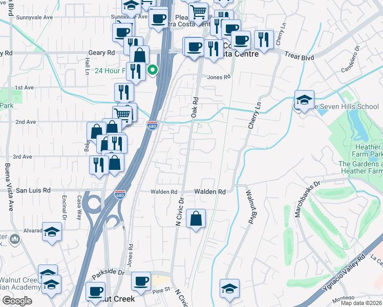 map of restaurants, bars, coffee shops, grocery stores, and more near 2574 Oak Road in Walnut Creek
