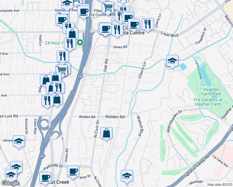 map of restaurants, bars, coffee shops, grocery stores, and more near in Walnut Creek