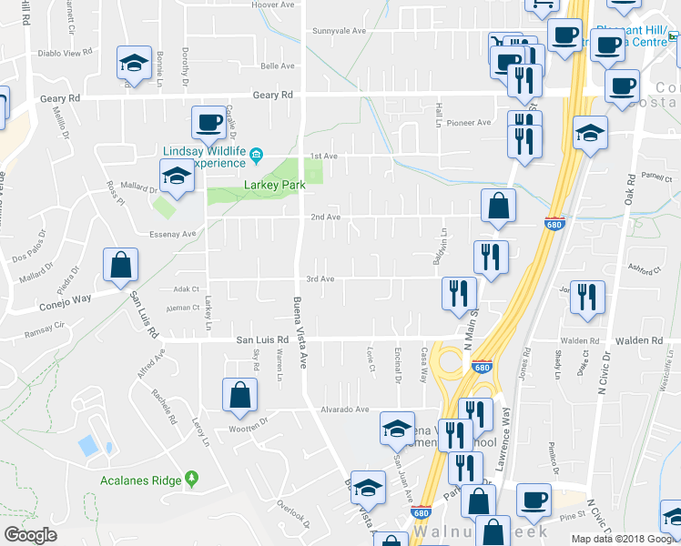 map of restaurants, bars, coffee shops, grocery stores, and more near 1770 3rd Avenue in Walnut Creek