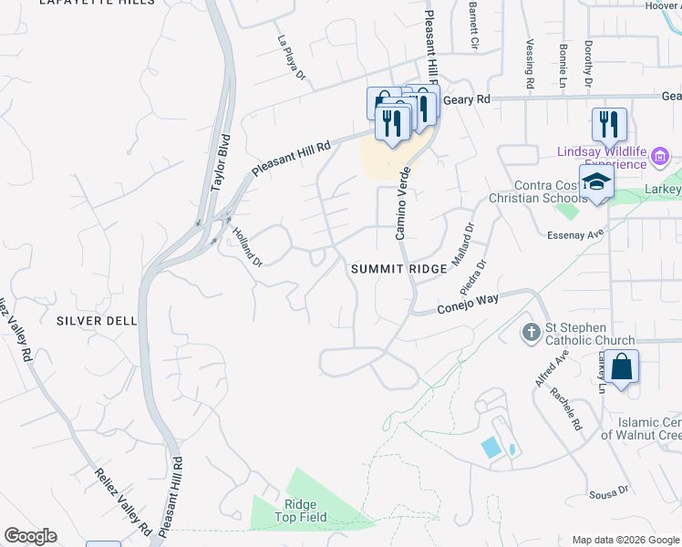 map of restaurants, bars, coffee shops, grocery stores, and more near 1431 Huston Road in Walnut Creek