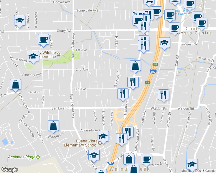 map of restaurants, bars, coffee shops, grocery stores, and more near 1610 3rd Avenue in Walnut Creek