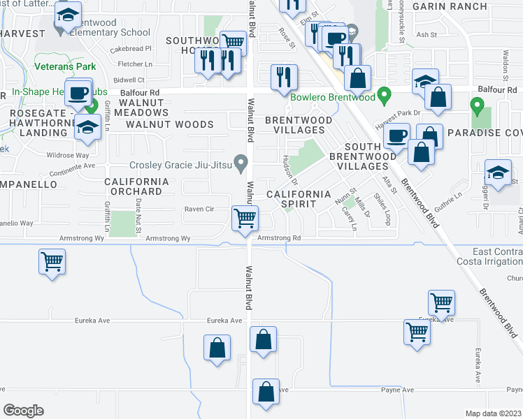 map of restaurants, bars, coffee shops, grocery stores, and more near 4553 Ford Court in Brentwood