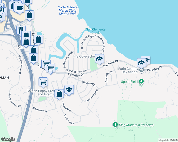 map of restaurants, bars, coffee shops, grocery stores, and more near 93 Spindrift Passage in Corte Madera