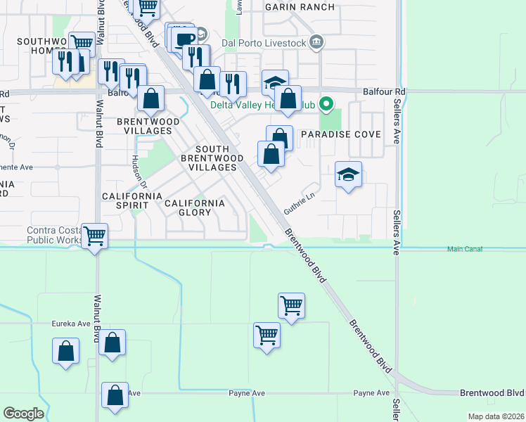 map of restaurants, bars, coffee shops, grocery stores, and more near 384 Baja Court in Brentwood