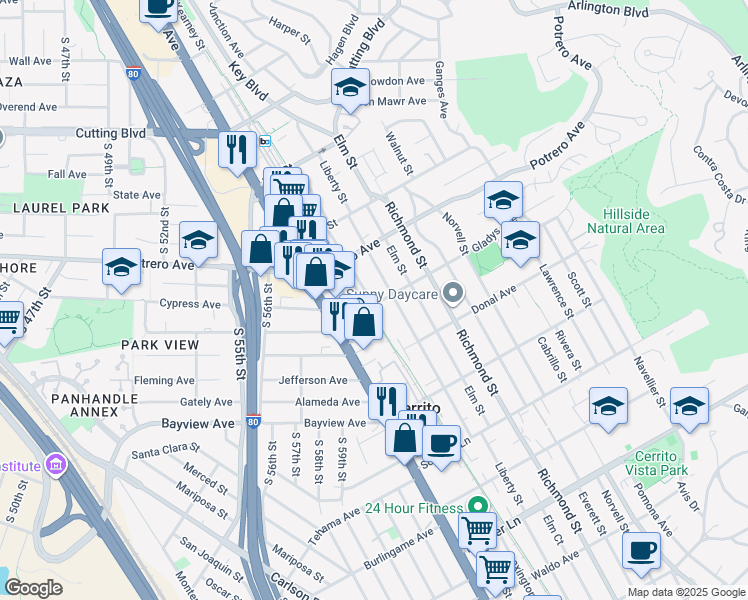 map of restaurants, bars, coffee shops, grocery stores, and more near 1503 Liberty Street in El Cerrito