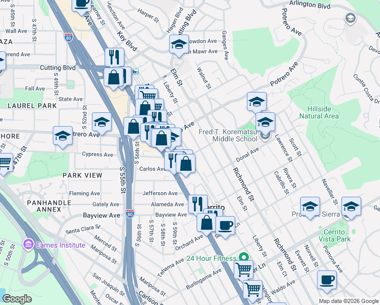 map of restaurants, bars, coffee shops, grocery stores, and more near 1518 Kearney Street in El Cerrito