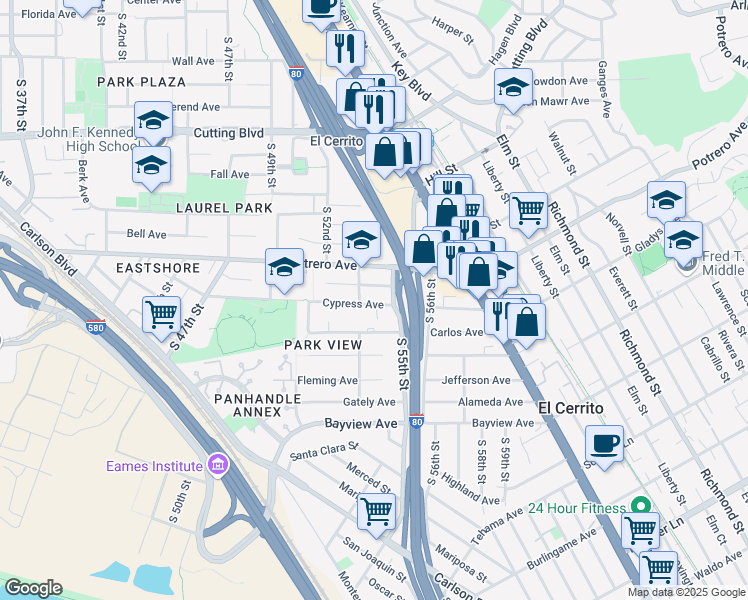 map of restaurants, bars, coffee shops, grocery stores, and more near 5316 School Street in El Cerrito