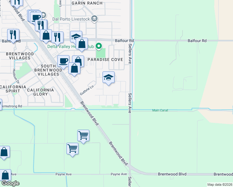 map of restaurants, bars, coffee shops, grocery stores, and more near 1085 Alloro Drive in Brentwood