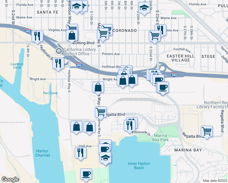 map of restaurants, bars, coffee shops, grocery stores, and more near 882 Coastal Street in Richmond