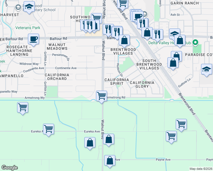 map of restaurants, bars, coffee shops, grocery stores, and more near 4568 Carnegie Lane in Brentwood