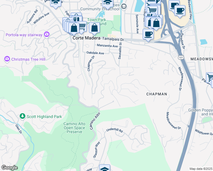 map of restaurants, bars, coffee shops, grocery stores, and more near 11 Alta Way in Corte Madera