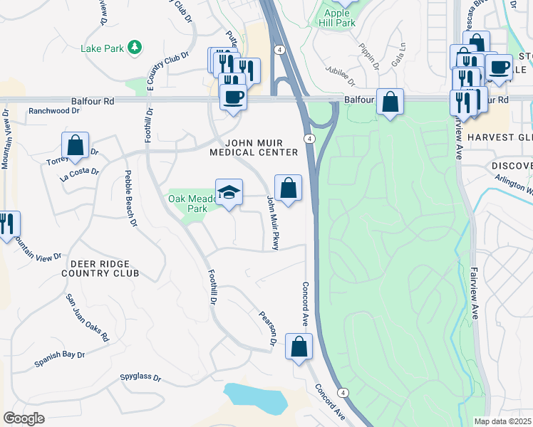 map of restaurants, bars, coffee shops, grocery stores, and more near 2144 Cristina Way in Brentwood