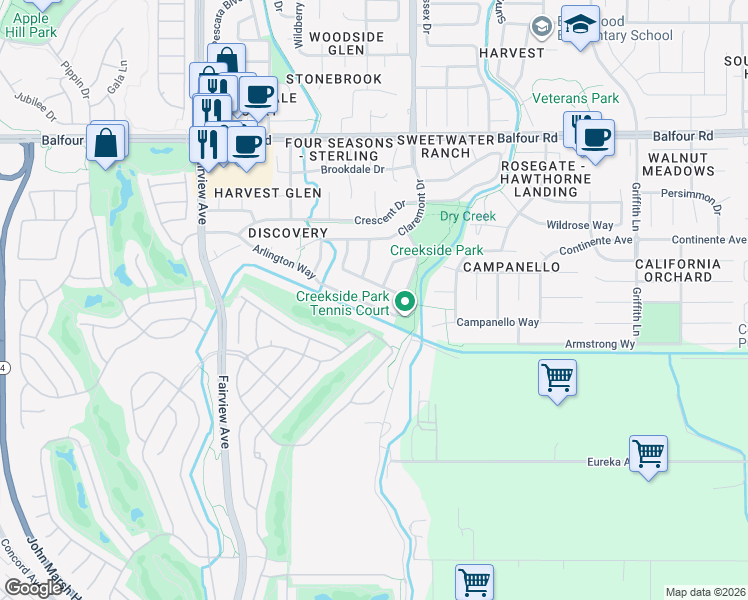 map of restaurants, bars, coffee shops, grocery stores, and more near 1070 Chaucer Drive in Brentwood
