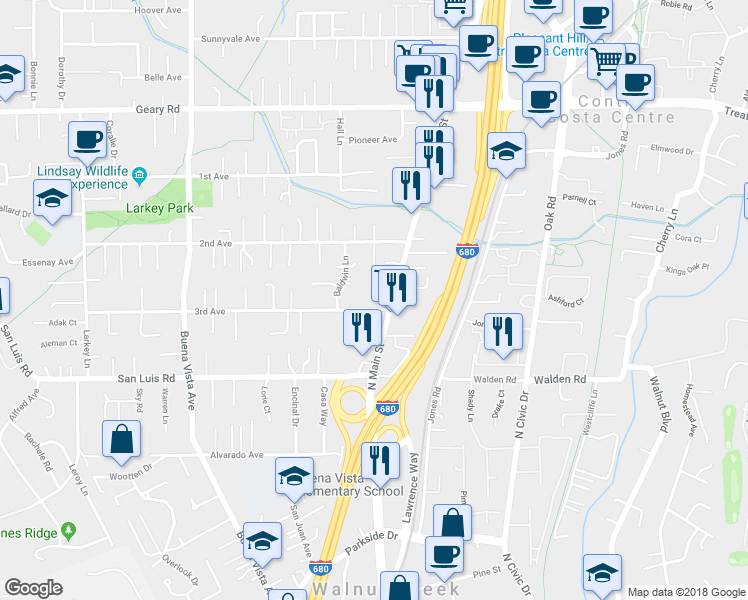 map of restaurants, bars, coffee shops, grocery stores, and more near 1500 3rd Ave in Walnut Creek