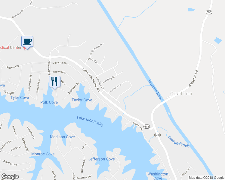 map of restaurants, bars, coffee shops, grocery stores, and more near 36 Overlook Circle in Palmyra