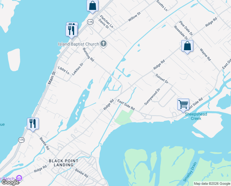 map of restaurants, bars, coffee shops, grocery stores, and more near 3574-3598 Ridge Road in Chincoteague Island