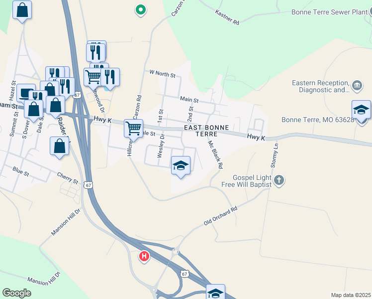 map of restaurants, bars, coffee shops, grocery stores, and more near 200 Lorine Drive in Bonne Terre