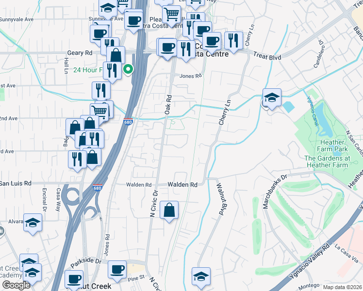 map of restaurants, bars, coffee shops, grocery stores, and more near 252 Ashford Court in Walnut Creek
