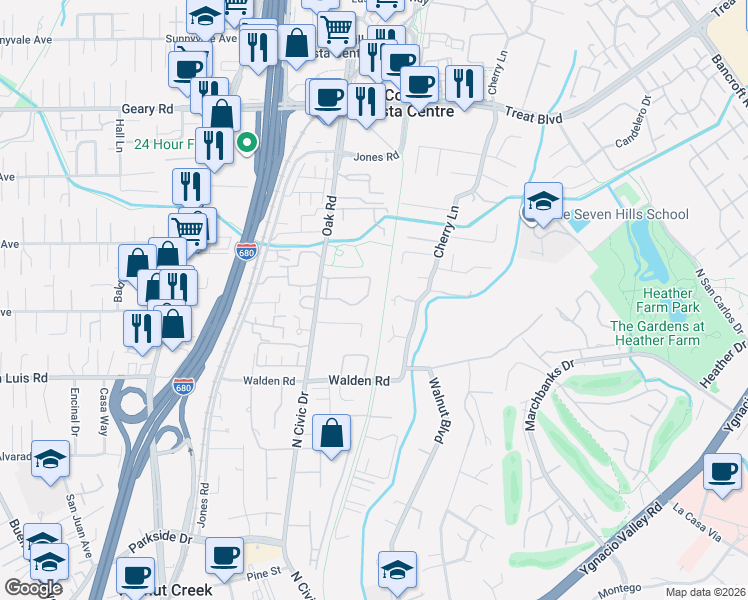map of restaurants, bars, coffee shops, grocery stores, and more near 252 Ashford Court in Walnut Creek