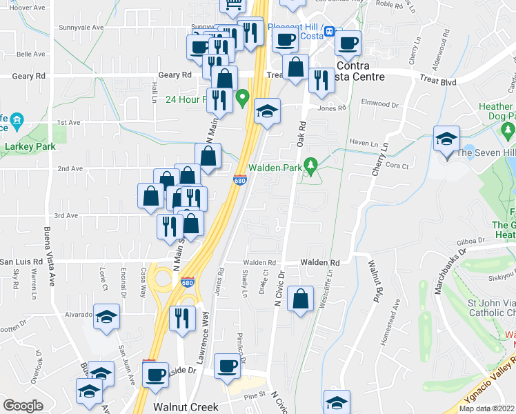 map of restaurants, bars, coffee shops, grocery stores, and more near 2606 Jones Road in Walnut Creek