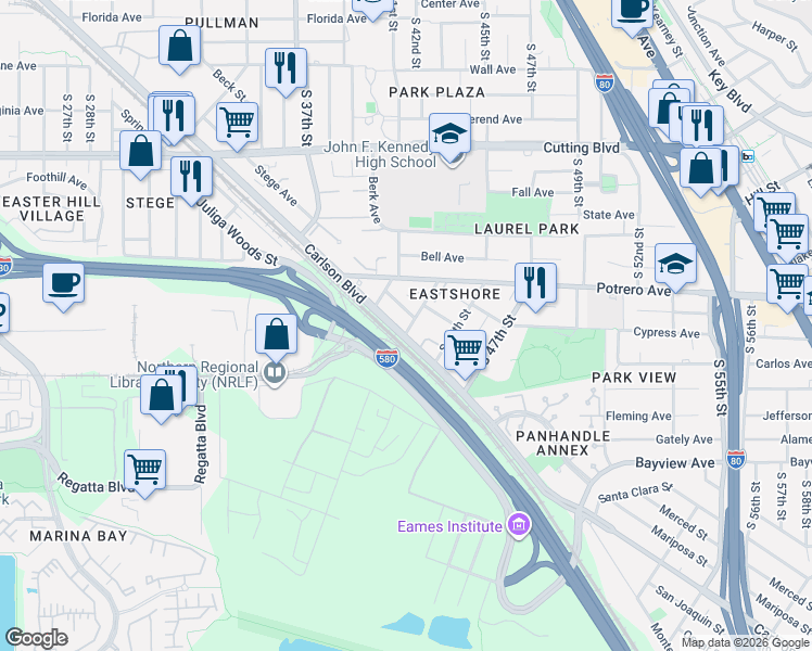 map of restaurants, bars, coffee shops, grocery stores, and more near 886 Carlson Boulevard in Richmond