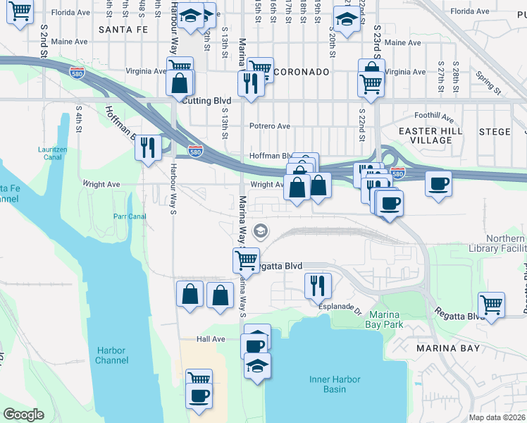 map of restaurants, bars, coffee shops, grocery stores, and more near 1455 Latitudes Way in Richmond