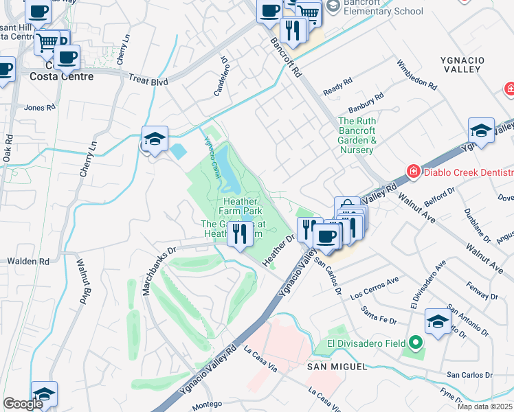 map of restaurants, bars, coffee shops, grocery stores, and more near 301 North San Carlos Drive in Walnut Creek