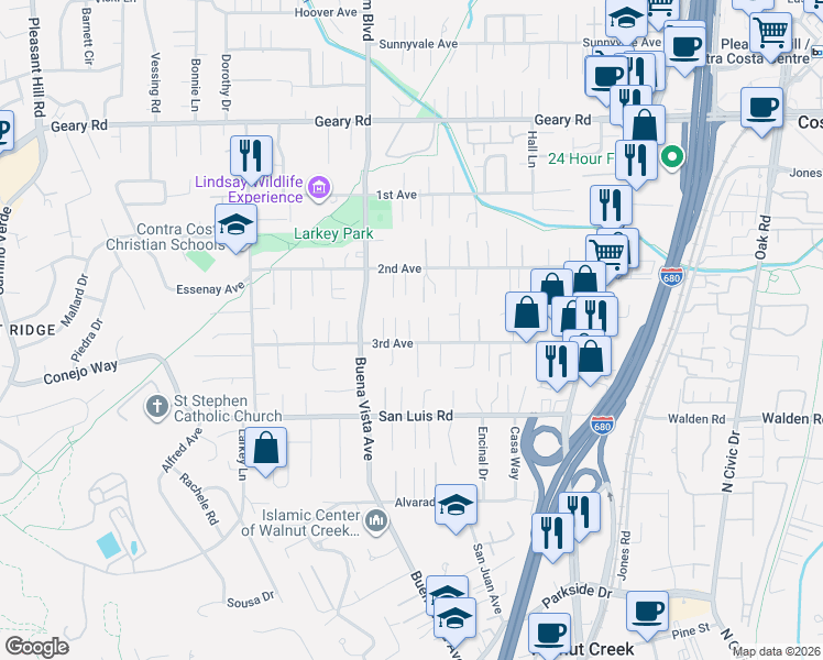 map of restaurants, bars, coffee shops, grocery stores, and more near 741 Pagosa Court in Walnut Creek