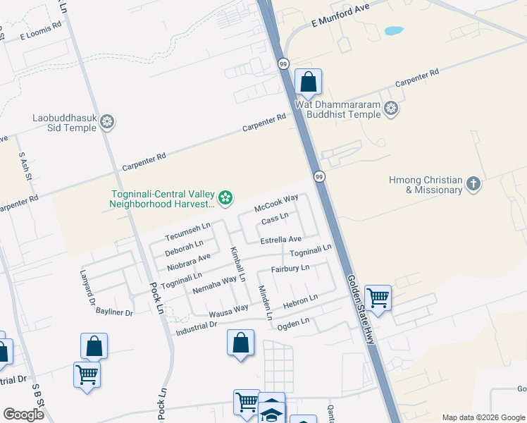 map of restaurants, bars, coffee shops, grocery stores, and more near 3020 McCook Way in Stockton