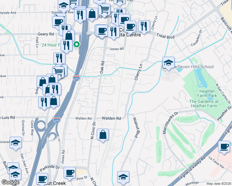 map of restaurants, bars, coffee shops, grocery stores, and more near 2586 Oak Road in Walnut Creek