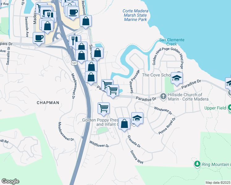 map of restaurants, bars, coffee shops, grocery stores, and more near 5604 Paradise Drive in Corte Madera