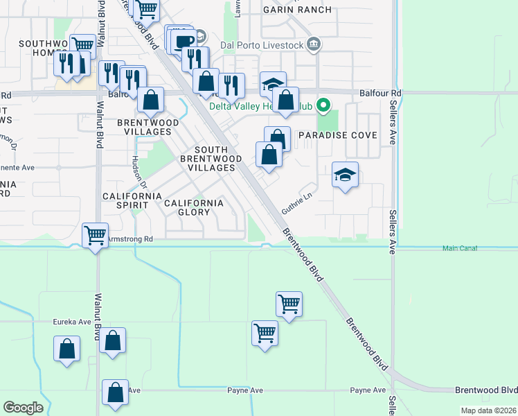 map of restaurants, bars, coffee shops, grocery stores, and more near 384 Baja Court in Brentwood