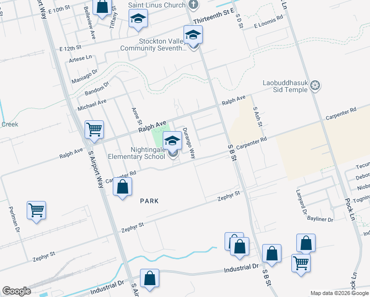 map of restaurants, bars, coffee shops, grocery stores, and more near 3420 Zamora Way in Stockton