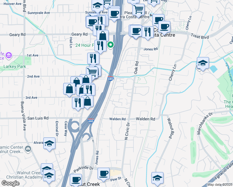 map of restaurants, bars, coffee shops, grocery stores, and more near 2606 Jones Road in Walnut Creek