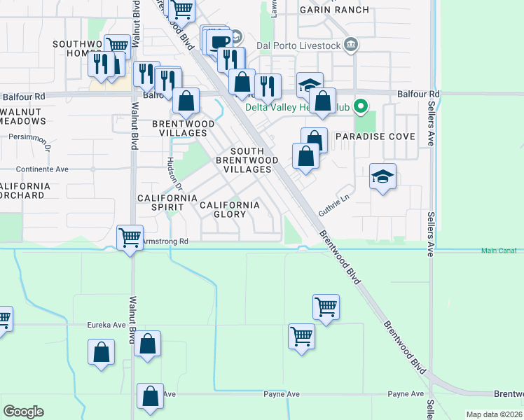map of restaurants, bars, coffee shops, grocery stores, and more near 3075 Shiles Loop in Brentwood