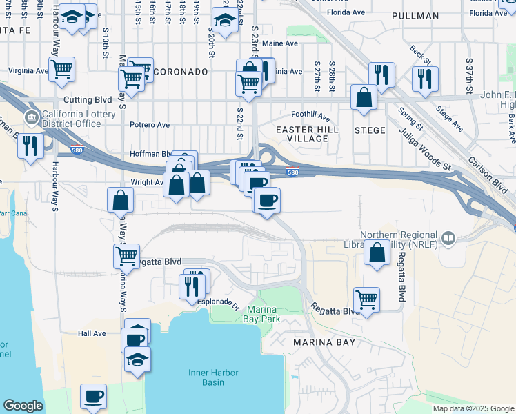 map of restaurants, bars, coffee shops, grocery stores, and more near 2187 Meeker Avenue in Richmond